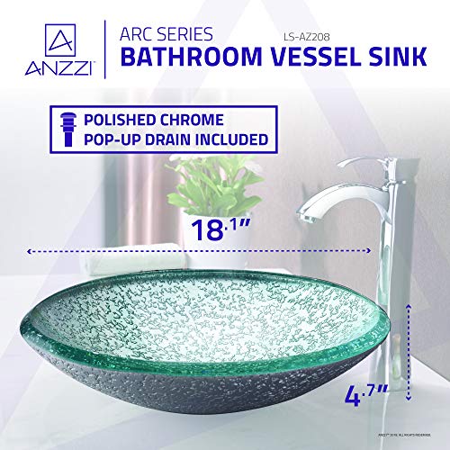 ANZZI Arc Series Tempered Glass Vessel Bowl Sink in Clear Glass | Top Mount Bathroom Sinks Above Counter | Round Vanity Countertop Sink Bowl with Pop Up Drain | LS-AZ208