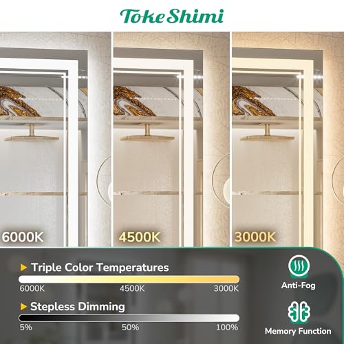 TokeShimi 48x40 LED Bathroom Mirror with Lights,Anti-Fog Light Up Mirror for Bathroom,Dimmable 3-Color Lights,Separate Control Frontlit & Backlit,CRI90+,UL Listed Driver,Memory Function,Shattproof