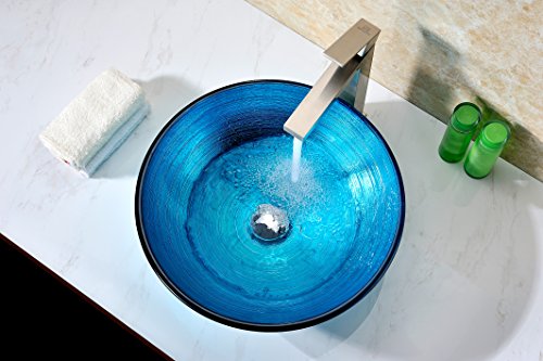 ANZZI Enti Series Tempered Glass Vessel Sink in Lustrous Blue Finish | 16.5 in. L x 16.5 in. W x 5.75 in. H | Deco-Glass Vessel Bathroom Sink with Pop-Up Drain | LS-AZ045