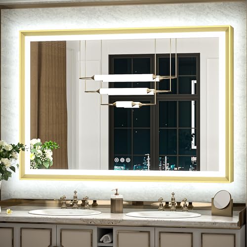 TokeShimi 48x36 Inch Light up Bathroom Mirror for Vanity with Backlit and Frontlit Gold Aluminum Rectangle Frame Beveled Edge Tricolors Stepless Dimmable Anti-Fog Memory Function for Wall Decor