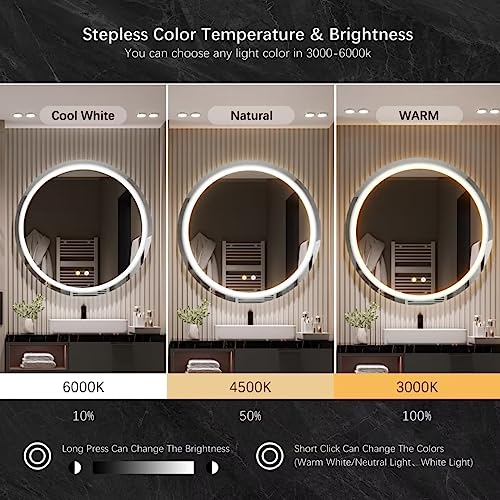 Moonee Round led Bathroom Mirror, 32 Inch Front Lighted Mirror Bathroom, 3 Color Circle led Light Mirror, Anti-Fog, Framless, Dimmable,CRI90+, IP54 Waterproof
