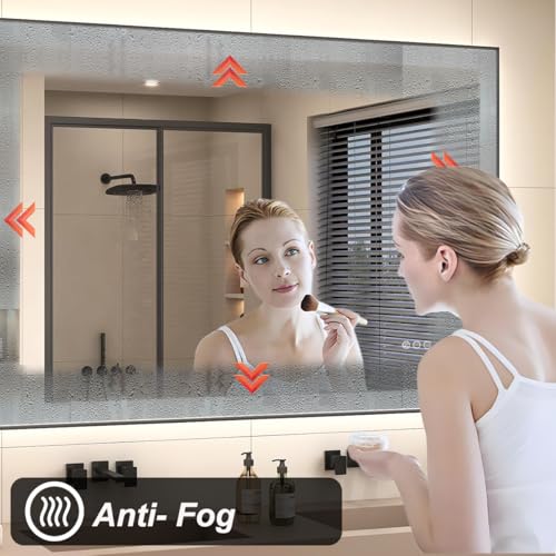SMIROR Black LED Bathroom Mirror 44x32, Lighted Vanity Mirrors with Lights, Dimmable, Anti-Fog, Memory, Shatterproof (Real Front Lights + Backlit)