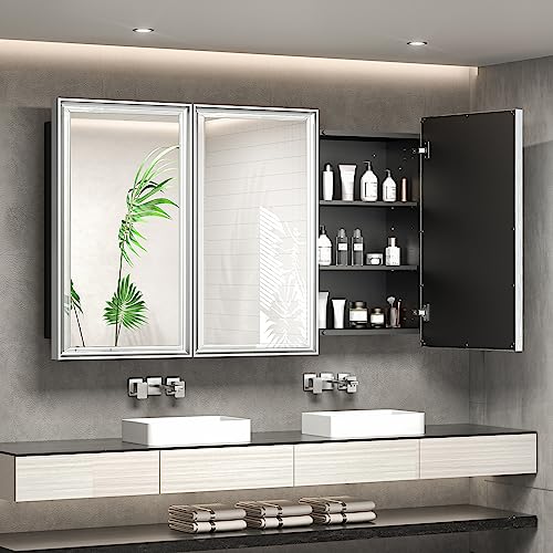 TokeShimi 48x30 Recessed Medicine Cabinet with Mirror Beveled, Silver Medicine Cabinet Mirrored Aluminum, Surface Mounted Metal Bathroom Vanity Mirror with Storage