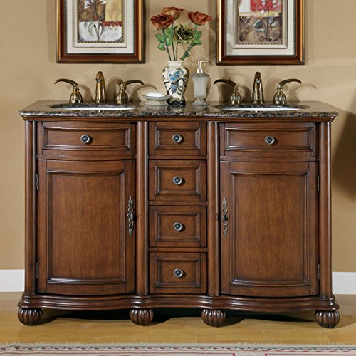 Silkroad Exclusive LTP-0180-BB-UIC-52 Baltic Brown Granite Top Double Sink Bathroom Vanity with Cabinet, 52