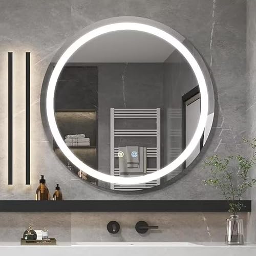 Moonee Round led Bathroom Mirror, 32 Inch Front Lighted Mirror Bathroom, 3 Color Circle led Light Mirror, Anti-Fog, Framless, Dimmable,CRI90+, IP54 Waterproof