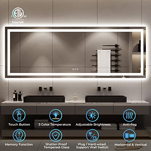 YEELAIT 96x36 Inch LED Bathroom Mirror with Lights Front and Backlit Lighted Vanity Mirror for Bathroom Wall with 3 Colors Dimmable Anti-Fog Memory Shatter-Proof IP54 Waterproof Horizontal/Vertical