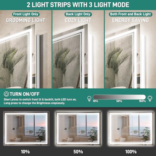 Durx-litecrete LED Bathroom Mirror, 40'' x 32'' Wall Mounted Vanity Mirror, Front & Back Light Mirrors, 3 Color Stepless Dimmable Lighted Mirror, Anti-Fog, Shatter-Proof, Memory(Horizontal/Vertical)