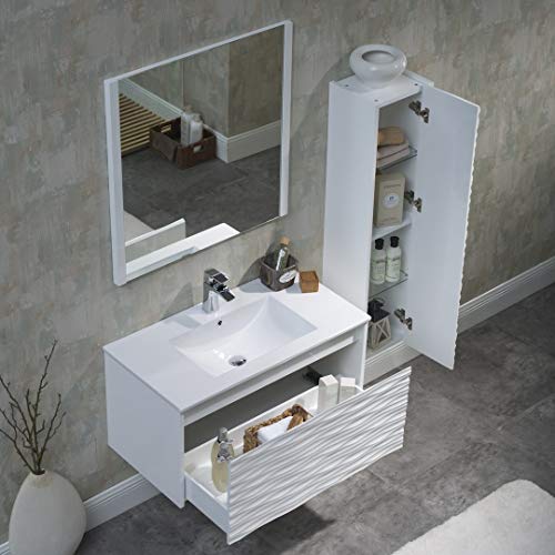 BLOSSOM 36 Inch White Bathroom Vanity with Sink, All Wood Floating Bathroom Vanity with Sink 36 Inch, Mirror, 12 Inch Side Cabinet