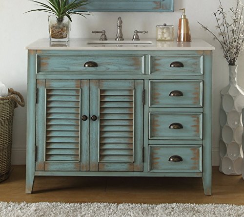 Benton Collection 42-Inch Abbeville Farmhouse Rustic Light Blue Bathroom Vanity, Single Sink with Shutter Door Design, White Marble Stone Top, Undermount Porcelain Sink, and Fully Assembled