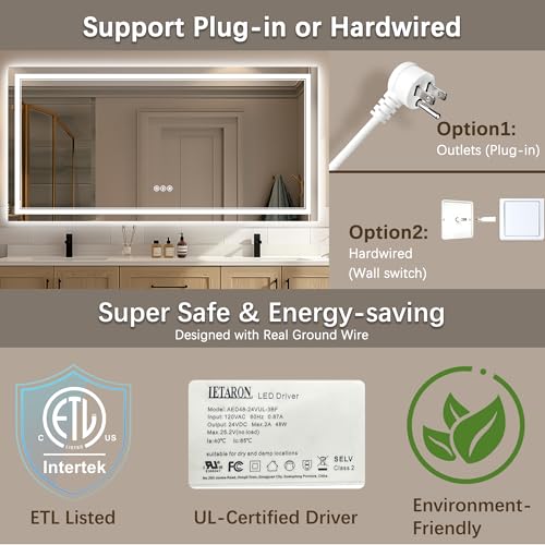 TIFULLHOME 72x32 Led Mirror for Bathroom, Anti-Fog Front and Backlit Mirror, Lighted Bathroom Mirror Insert Lights, Tempered Glass, Dimmable, 3 Colors, Anti-Fog Bathroom Vanity Mirror