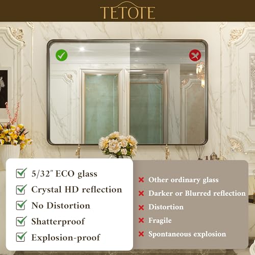 TETOTE 60 x 40 Inch Brushed Silver Bathroom Mirror, Bathroom Vanity Mirror, Modern Rectangle Round Corner Matte Framed Mirror (Horizontal/Vertical)