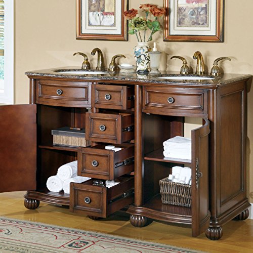 Silkroad Exclusive LTP-0180-BB-UIC-52 Baltic Brown Granite Top Double Sink Bathroom Vanity with Cabinet, 52