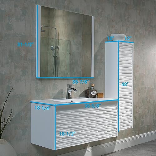 BLOSSOM 36 Inch White Bathroom Vanity with Sink, All Wood Floating Bathroom Vanity with Sink 36 Inch, Mirror, 12 Inch Side Cabinet