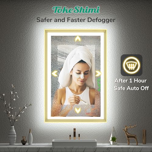 TokeShimi 48x36 Inch Light up Bathroom Mirror for Vanity with Backlit and Frontlit Gold Aluminum Rectangle Frame Beveled Edge Tricolors Stepless Dimmable Anti-Fog Memory Function for Wall Decor