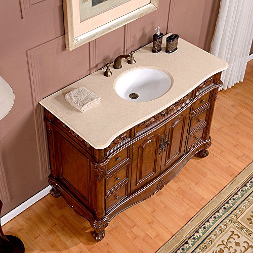 Silkroad Exclusive Gorgeous Marble Ceramic Stone Top Single Sink Bathroom Vanity with Cabinet, 48