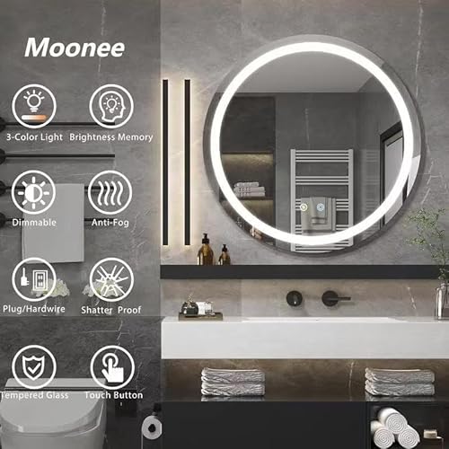 Moonee Round led Bathroom Mirror, 32 Inch Front Lighted Mirror Bathroom, 3 Color Circle led Light Mirror, Anti-Fog, Framless, Dimmable,CRI90+, IP54 Waterproof