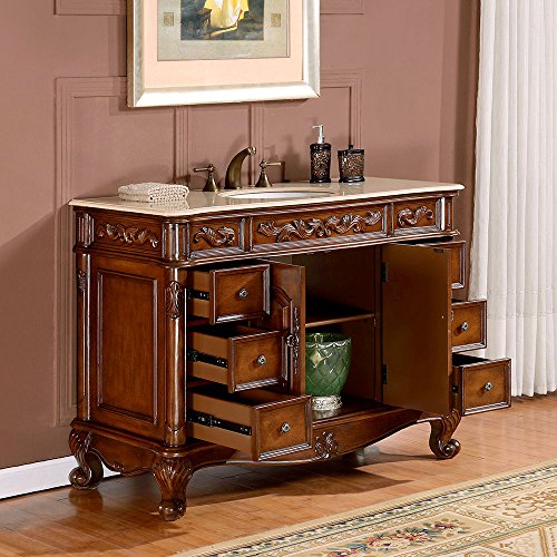 Silkroad Exclusive Gorgeous Marble Ceramic Stone Top Single Sink Bathroom Vanity with Cabinet, 48