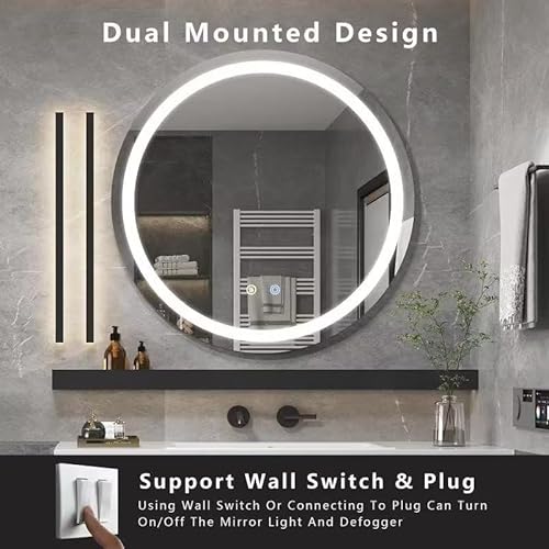 Moonee Round led Bathroom Mirror, 32 Inch Front Lighted Mirror Bathroom, 3 Color Circle led Light Mirror, Anti-Fog, Framless, Dimmable,CRI90+, IP54 Waterproof