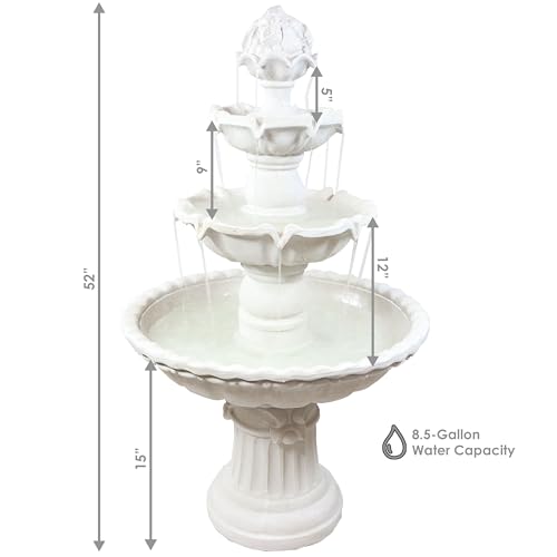 Sunnydaze 52-Inch 3-Tier Outdoor Water Fountain with Fruit Top - Large Outdoor Water Feature for Garden, Patio, Yard or Balcony - White