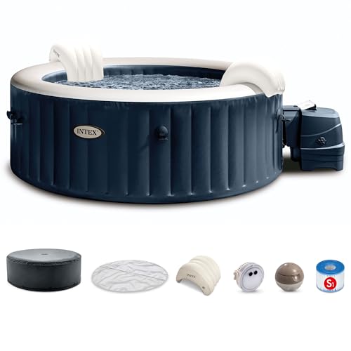 INTEX 28429EP PureSpa Plus Bubble Massage Spa Set: Includes – 2 Contoured Headrest – LED Light – 4 Person Capacity – 77