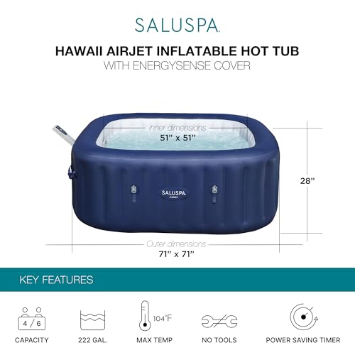 Bestway SaluSpa Hawaii Smart AirJet Inflatable Hot Tub Square Portable 4 to 6 Person Spa with 140 AirJets, App Control and EnergySense Cover, Blue