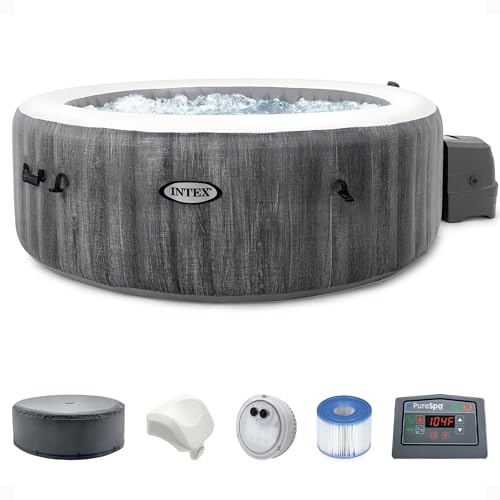 INTEX 28439EP PureSpa Greywood Deluxe Inflatable Spa Set: Includes Energy Efficient Cover – Spa Control App – Wireless Control Panel – 4 Person Capacity – 77