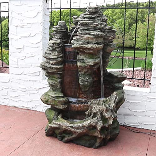 Sunnydaze Flat Rock Summit 61-Inch Outdoor Water Fountain - LED Lights - Electric Submersible Pump - Polyresin Material Brown