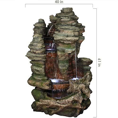 Sunnydaze Flat Rock Summit 61-Inch Outdoor Water Fountain - LED Lights - Electric Submersible Pump - Polyresin Material Brown