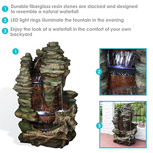 Sunnydaze Flat Rock Summit 61-Inch Outdoor Water Fountain - LED Lights - Electric Submersible Pump - Polyresin Material Brown