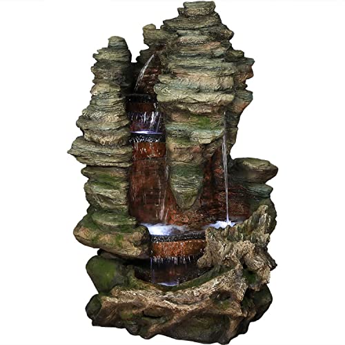 Sunnydaze Flat Rock Summit 61-Inch Outdoor Water Fountain - LED Lights - Electric Submersible Pump - Polyresin Material Brown