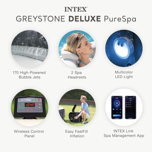 INTEX 28451EP PureSpa Greystone Deluxe Spa Set: Includes Energy Efficient Spa Cover and Wireless Control Panel – Spa Control App – Built-in FastFill Inflation System – 6 Person Capacity – 77