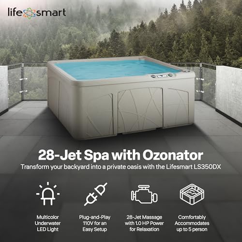 LifeSmart 5-Person Hot Tub – Outdoor Spa with 28 Jets, LED Lights, Waterfall, Ozonator & Cover – Sand-Colored Above-Ground Spa for Home Use