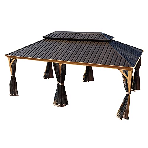 Kozyard Apollo 12’x20’ Hardtop Gazebo, Wooden Coated Aluminum Frame Canopy with Galvanized Steel Double Roof, Outdoor Permanent Metal Pavilion with Netting for Patio, Deck and Lawn (12ft x 20ft)