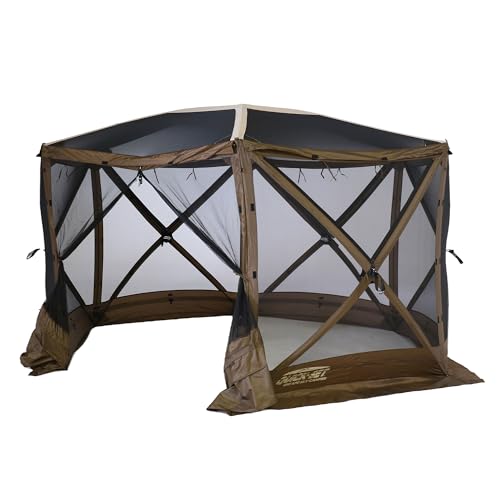 CLAM Quick-Set Escape Sky Camper 11.5’ x 11.5’ Pop-Up Outdoor Gazebo Instant Screen Tent 6-Sided Canopy Shelter w/Ground Stakes & Carry Bag, Brown
