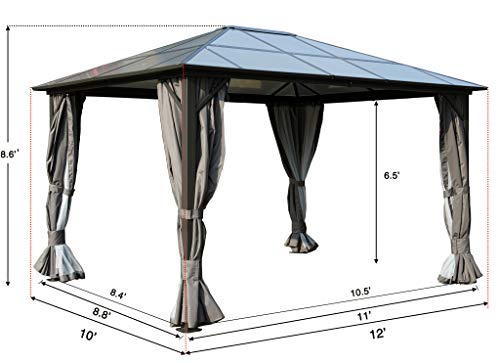 Kozyard Permanent Aluminum Hardtop Gazebo with Composite Polycarbonate Top for Outdoor Patio Lawn and Garden, Curtains and Netting Included (Edward 10ftx12ft)