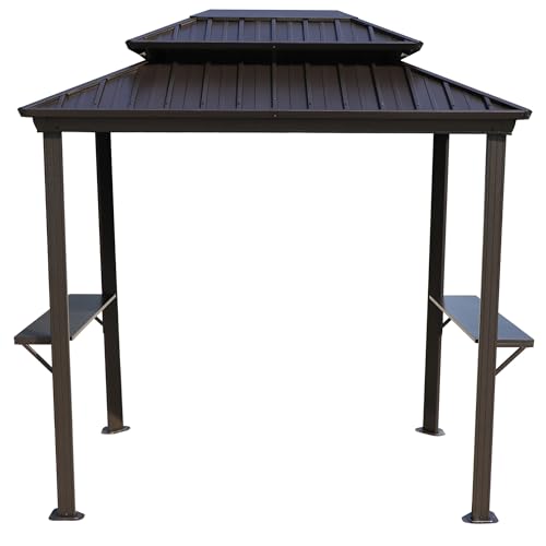 Kozyard 6’ x 8’ BBQ Hardtop Grill Gazebo, Outdoor Barbecue Gazebo with Double Galvanized Metal Roof, Aluminum BBQ Gazebo with 2 Side Shelves for Outdoor Grilling Station (Brown/Hardtop)