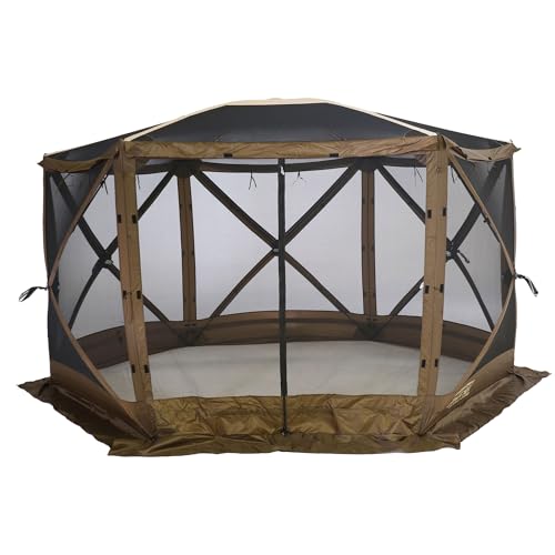 CLAM Quick-Set Escape Sky Camper 11.5’ x 11.5’ Pop-Up Outdoor Gazebo Instant Screen Tent 6-Sided Canopy Shelter w/Ground Stakes & Carry Bag, Brown