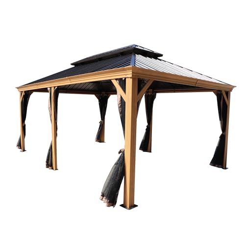 Kozyard Apollo 12’x18’ Hardtop Gazebo, Wooden Coated Aluminum Frame Canopy with Galvanized Steel Double Roof, Outdoor Permanent Metal Pavilion with Netting for Patio, Deck and Lawn (12ft x18ft)