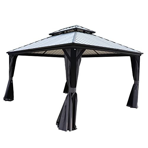 Kozyard Caesar 12'x14' Hardtop Gazebo - Permanent Metal Pavilion with Netting and Shaded Curtains for Patio, Backyard, and Deck - Galvanized Steel Outdoor Aluminum Canopy, Double Roof Gazebo (Grey)