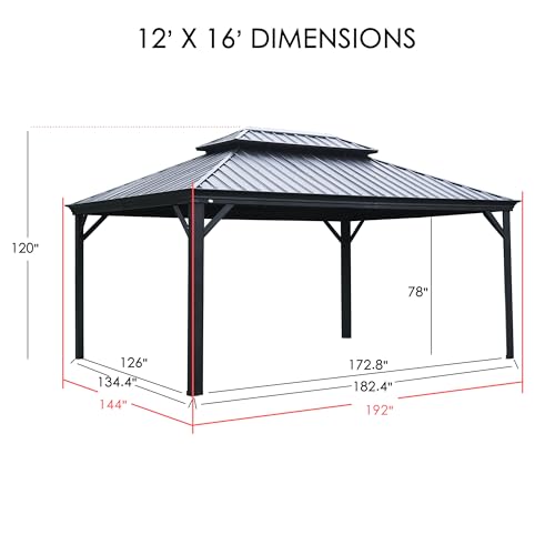 Kozyard Alexander 12‘ X 16’ Hardtop Aluminum Permanent Gazebo with a Mosquito Net and Privacy Sidewalls, Permanent Gazebo Pavilion for Patio, Backyard (Alexander 12'x16' (Brown))