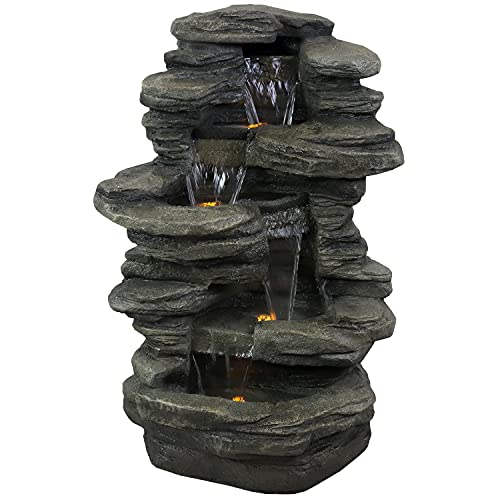 Sunnydaze Stacked Shale Rock 38-Inch Waterfall Fountain with LED Lights - Electric Submersible Pump