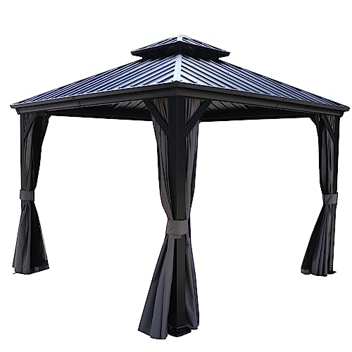 Kozyard Caesar 10'x10' Hardtop Gazebo - Permanent Metal Pavilion with Netting and Shaded Curtains for Patio, Backyard, and Deck - Galvanized Steel Outdoor Aluminum Canopy, Double Roof Gazebo (Grey)