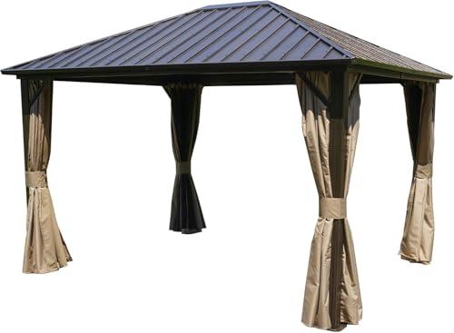 Kozyard10'x12' Hardtop Gazebo Permanent Metal Pavilion with Netting and Shaded Curtains for Patio, Backyard, and Deck - Galvanized Steel Outdoor Aluminum Canopy, Double Roof Gazebo (Brown)