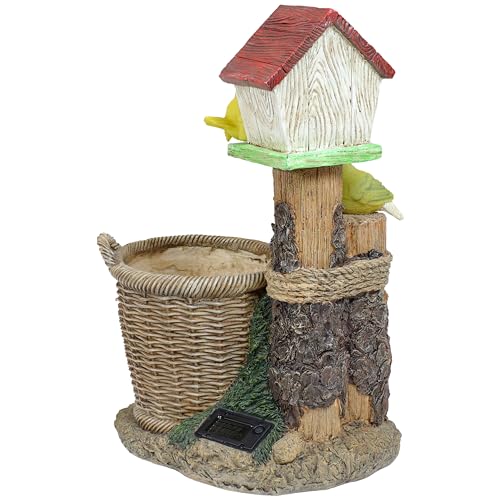 Sunnydaze Polyresin Bird House Outdoor Statue Planter with Solar LED Lighted Birds - 17.25-Inch