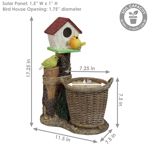 Sunnydaze Polyresin Bird House Outdoor Statue Planter with Solar LED Lighted Birds - 17.25-Inch