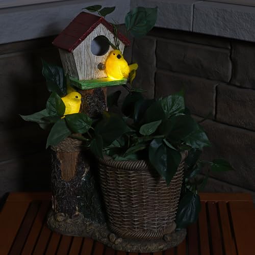 Sunnydaze Polyresin Bird House Outdoor Statue Planter with Solar LED Lighted Birds - 17.25-Inch