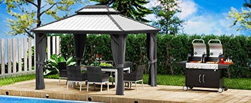 Kozyard Caesar 12'x14' Hardtop Gazebo - Permanent Metal Pavilion with Netting and Shaded Curtains for Patio, Backyard, and Deck - Galvanized Steel Outdoor Aluminum Canopy, Double Roof Gazebo (Grey)