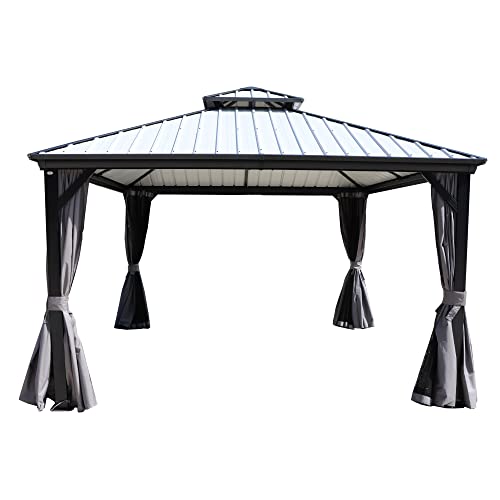 Kozyard Caesar 12'x12' Hardtop Gazebo - Permanent Metal Pavilion with Netting and Shaded Curtains for Patio, Backyard, and Deck - Galvanized Steel Outdoor Aluminum Canopy, Double Roof Gazebo (Grey)