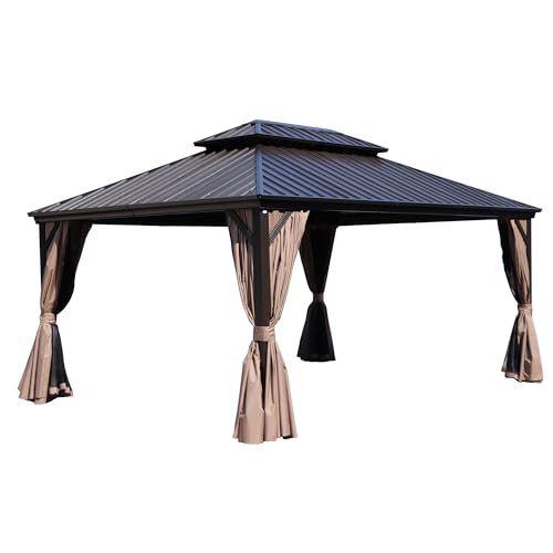 Kozyard Caesar 12'x16' Hardtop Gazebo - Permanent Metal Pavilion with Netting and Shaded Curtains for Patio, Backyard, and Deck - Galvanized Steel Outdoor Aluminum Canopy, Double Roof Gazebo (Brown)