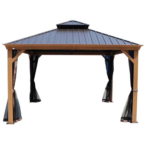 Kozyard Apollo 12’x12’ Hardtop Gazebo, Wooden Coated Aluminum Frame Canopy with Galvanized Steel Double Roof, Outdoor Permanent Metal Pavilion with Netting for Patio, Deck and Lawn (12ft x 12ft)